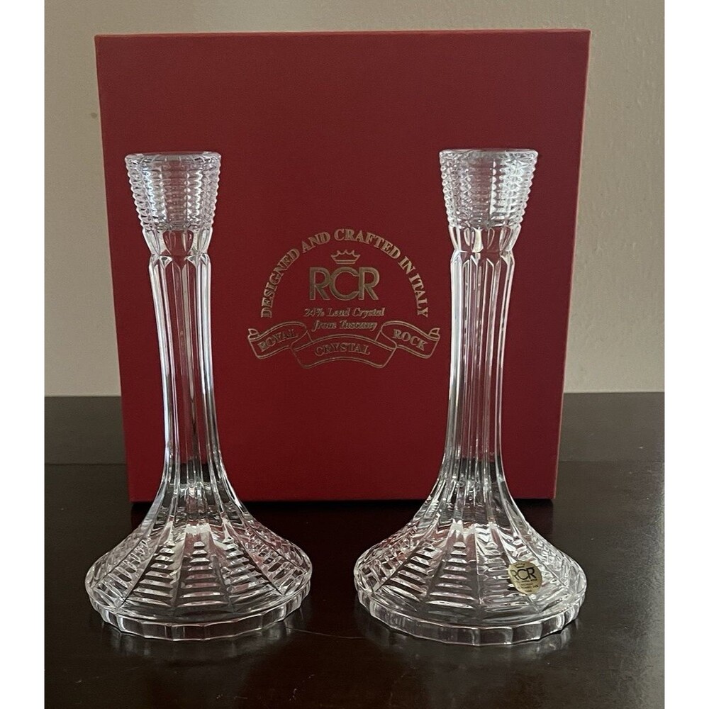 Royal Crystal Rock RCR 24% Lead Crystal from Tuscany 8.5in Candleholders IOB